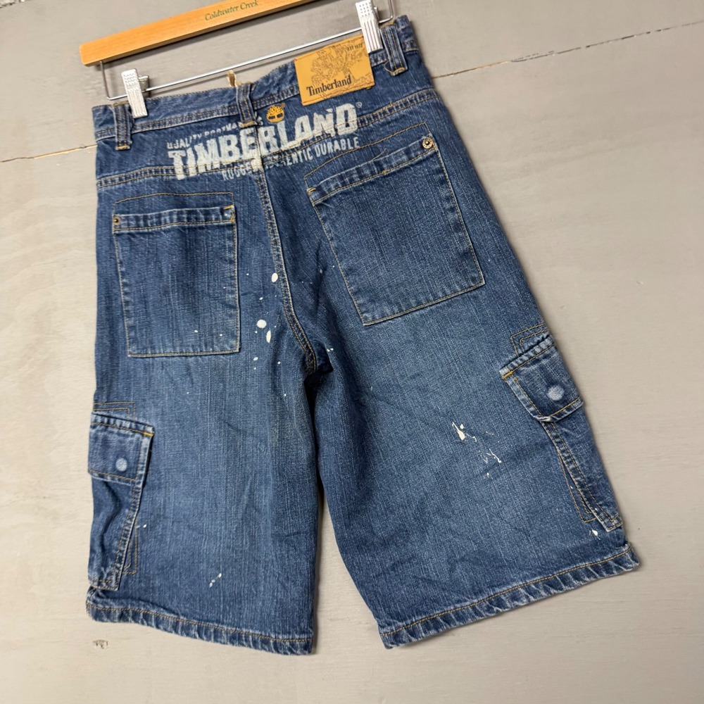 Timberland Boys Denim Cargo Shorts Blue Paint Splatter Size 14 Rugged Workwear‎